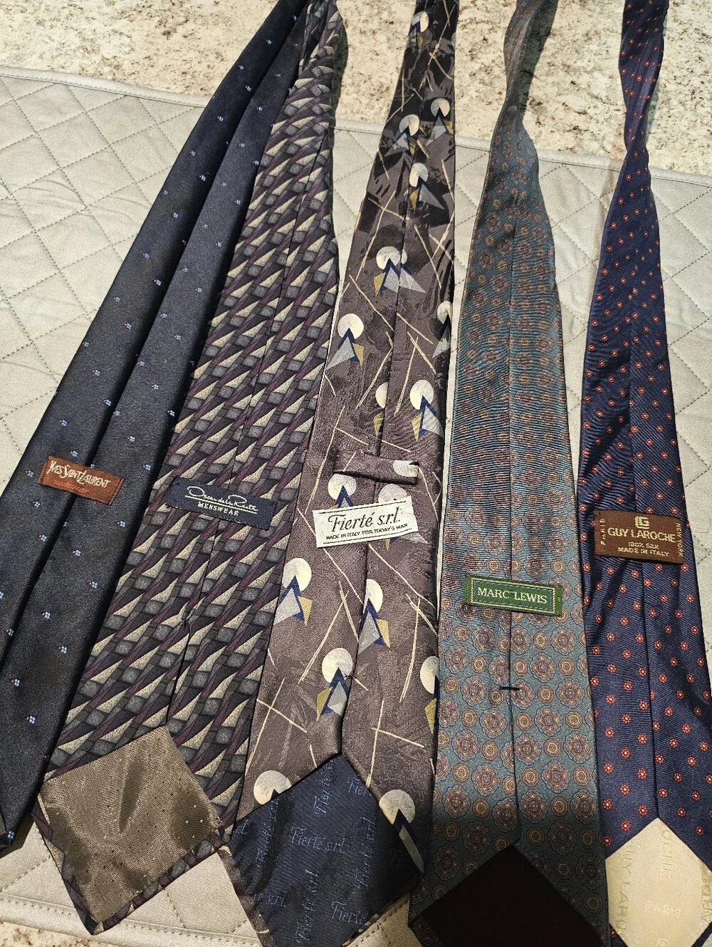 Vintage Men's Assorted Patterned Ties in Navy, Gray, and Blue